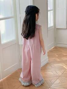 Dazy Kids Mono holgado de pierna ancha sin mangas con decoración de lazo y botones de media cartera para niña en verano - Rosa - Ver 6