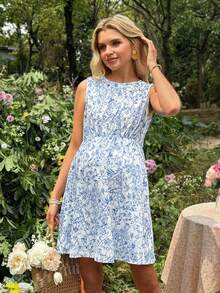 SHEIN Floral Sleeveless Backless Bow Decor Maternity Dress, Summer - Blue - View 5