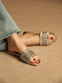 Rosivie Women's Rhinestone Hollow Strap Casual Comfortable Flat Sandals, Square Toe Design For Commuting - Champagne - View 3