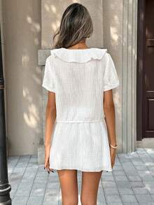 SHEIN PariChic Women's New V-Neck Ruffle Front Drawstring Tie Waist Short Sleeve Top + Short Skirt 2-Piece Set, Casual White Dress, White Linen Dress, Summer Casual Dress, Short Sleeve Summer Dress - White - View 2