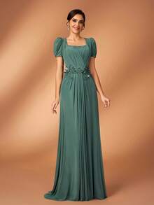 Serin Đầm maxi sang trọng, thanh lịch với chất liệu ren đính cườm và họa tiết ghép mảnh, tay áo xếp ly, chất liệu dệt kim co giãn, thích hợp cho đám cưới, tiệc tùng, lễ hội, cô dâu, hoặc váy dạ hội dành cho mẹ cô dâu. - màu xanh lá - Xem 5