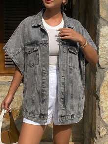 EURMUSE Loose Casual Half Sleeve Denim Jacket - Grey - View 4