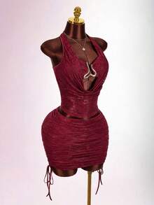 Amplova 2026 New Lace Two Pieces Top & Lace Mini Dress Set, Suitable For Dates And Parties - Burgundy - View 7