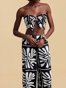Travachic Bộ đồ thể thao nữ mùa hè thường ngày, phối màu tương phản, gồm áo croptop ống buộc dây và quần dài. - Nhiều màu - Xem 6