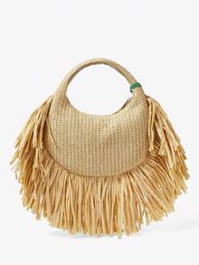 Viva Strut 1 chiếc túi xách nữ, túi cói, túi đan bằng rơm, có tua rua, mặt dây chuyền hình cây dừa đính đá và hạt cườm màu xanh lá cây, thời trang, thanh lịch, đơn giản, cá tính, đa năng, thích hợp cho bãi biển, kỳ nghỉ, mùa hè, ven biển, tiệc bãi biển, lễ hội âm nhạc. - Màu Khaki - Xem 3