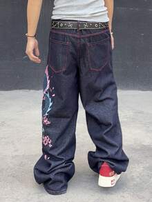 Manfinity EMRG Quần jeans ống rộng nam dáng casual in hình rồng, đã qua xử lý giặt. - Rửa tối - Xem 2