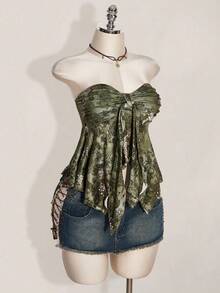 SHEIN ICON Top bandeau con estampado floral y nudo delantero, estilo vacacional para mujer - Verde - Ver 7