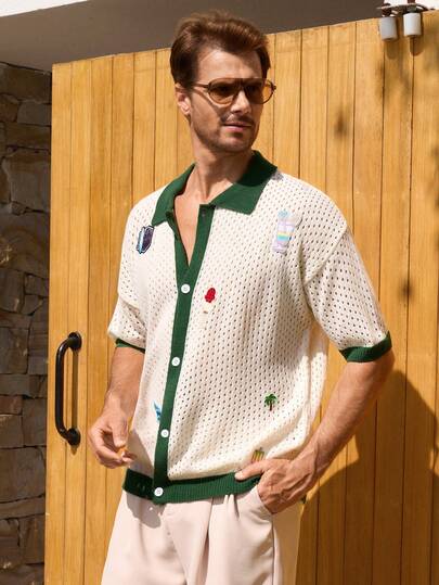 Manfinity CityGents Men's Vacation Casual Contrast Trim Hollow Out Knit Short Sleeve Top