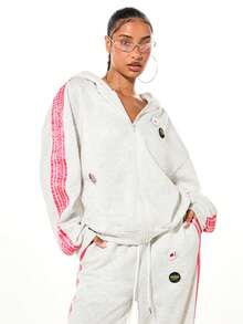 SUMWON WOMEN Women's Pin Badge Detail Full Zip Hoodie With Pink Contrast Stripe Sleeves And Drawstring Hood Casual Sweatshirt - Grey - View 4