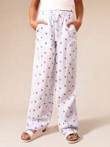 SUMWON 少女草莓印花圆领T恤和阔腿裤套装，夏季休闲装，格纹图案 - 白色 - 查看 4