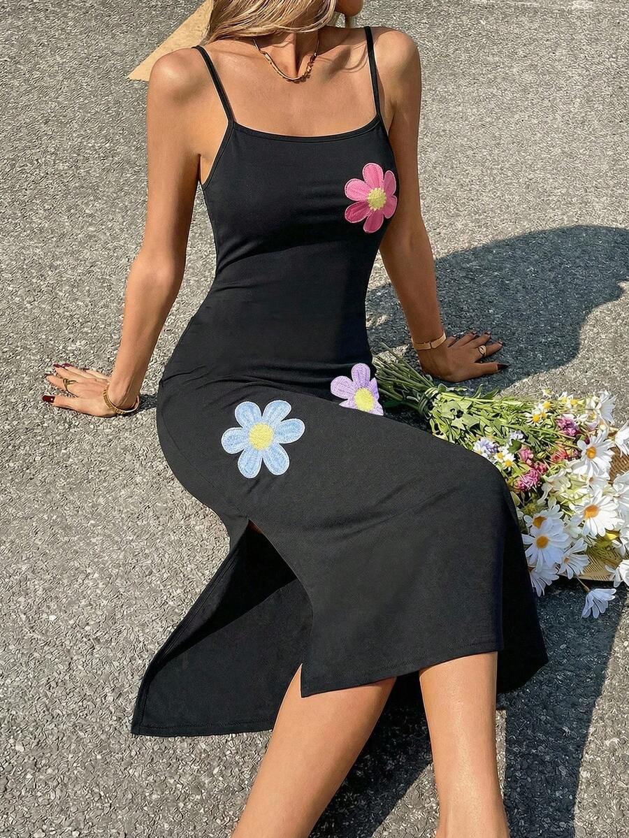 Sparklyn 少女碎花印花侧开衩下摆休闲吊带裙