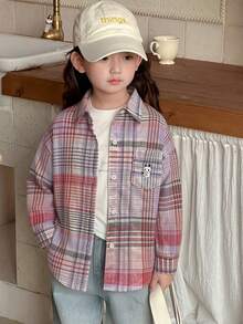 Dazy Kids Kemeja Lengan Panjang Motif Kotak-kotak Kartun Kasual untuk Anak Perempuan, Musim Gugur/Semi - MultiWarna - View 4