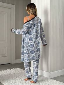 SHEIN Relax And Casual 3 Pieces Cottonline Pajama Set With Lace Detailed Cute Shawl Pattern - Blue and White - View 2