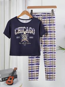 Tween Boy Letter Print Crew Neck Short Sleeve Top And Plaid Pants Pajama Set - Navy Blue - View 3