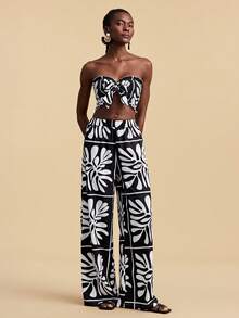 Travachic Bộ đồ thể thao nữ mùa hè thường ngày, phối màu tương phản, gồm áo croptop ống buộc dây và quần dài. - Nhiều màu - Xem 4