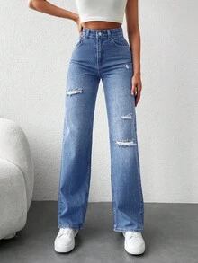 RueChic Jean De Pierna Recta De Cintura Alta Con Agujeros Desgastados - Celeste - Ver 1