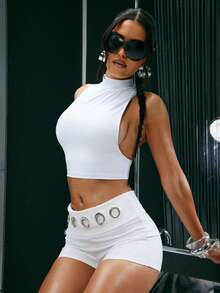 Denimoi High Neck Bodycon Racerback Tank Sexy Tops GNO Fashionable Streetwear Everyday Wear - White - View 1