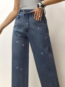 Daynim Calça Jeans Feminina Com Pedraria Strass Lavagem Média sem taxa de importação - Lavagem clara - Visão 6