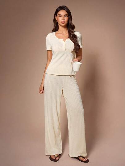 Lazeform Women's Knitted Jacquard Round Neck Button-Up Short Sleeve Pants Pajama Set