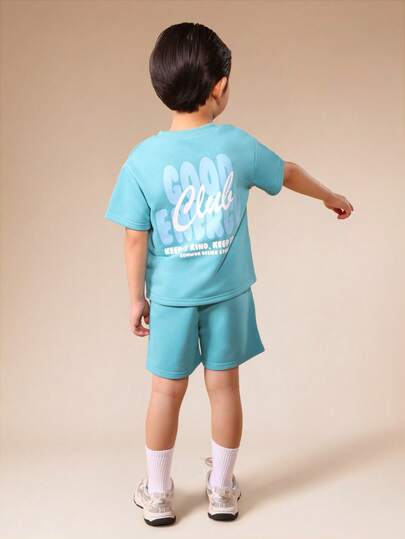 SUMWON 男童活力运动套装，宽松短袖T恤搭配同款短裤，夏季休闲装