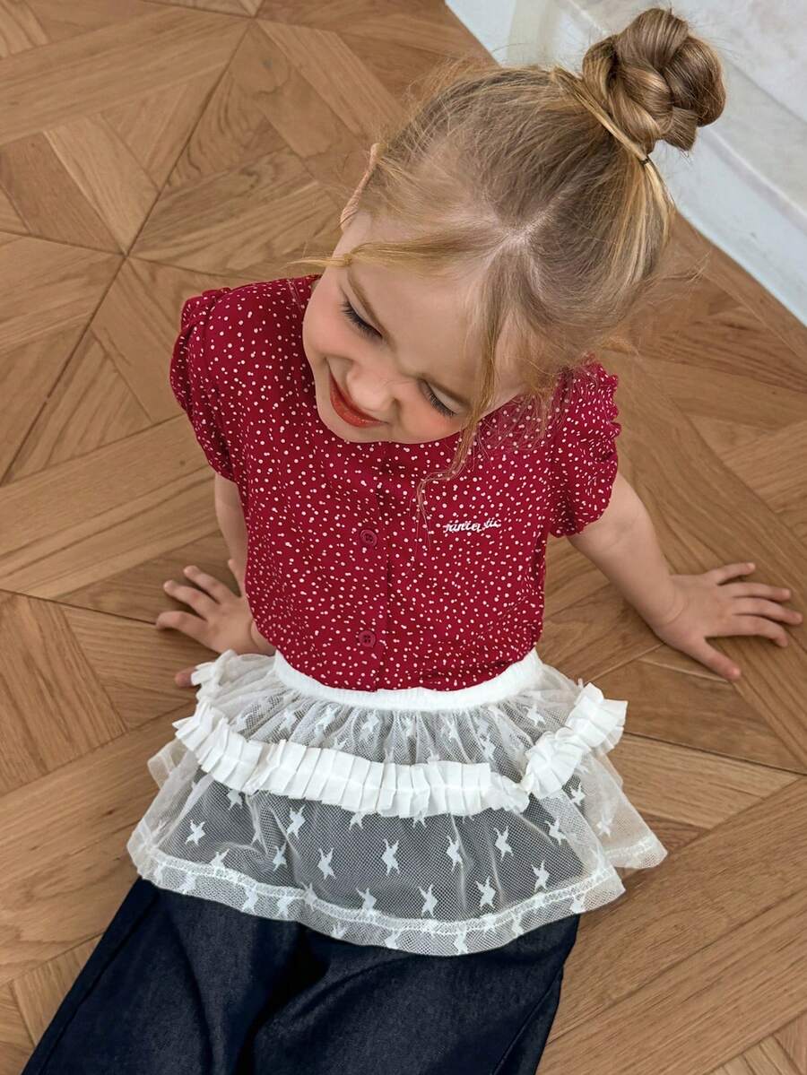 DAZY 女童圆领波点字母印花休闲百搭日常短袖T恤 - 紅色 - 查看 1