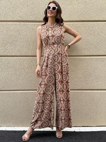 Solivie Bộ jumpsuit nữ thanh lịch hở lưng, dáng rộng, in họa tiết phối màu, thích hợp cho kỳ nghỉ. - Rỉ Nâu - Xem 4