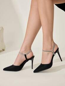 CUCCOO CHICEST Ladies' New Sexy Rhinestones With Black High Heels, Slingback Pointed Thin Heels, Banquet Party Sandals - Black - View 4