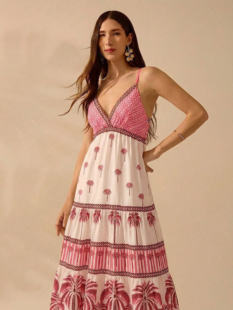 CAJUNI Vestido de mujer estilo boho con estampado tropical de árbol de coco, escote en V y tirantes finos, vestido casual de playa para vacaciones de verano - Multicolor - Ver 1