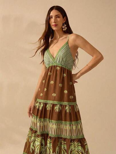 CAJUNI Women's Boho Tropical Coconut Tree Print V-Neck Spaghetti Strap Dress, Casual Holiday Beach Dress For Summer