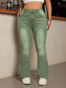 SHEIN ICON Plus Size Women High Waist Pockets Casual Versatile Flare Leg Jeans - Green - View 3
