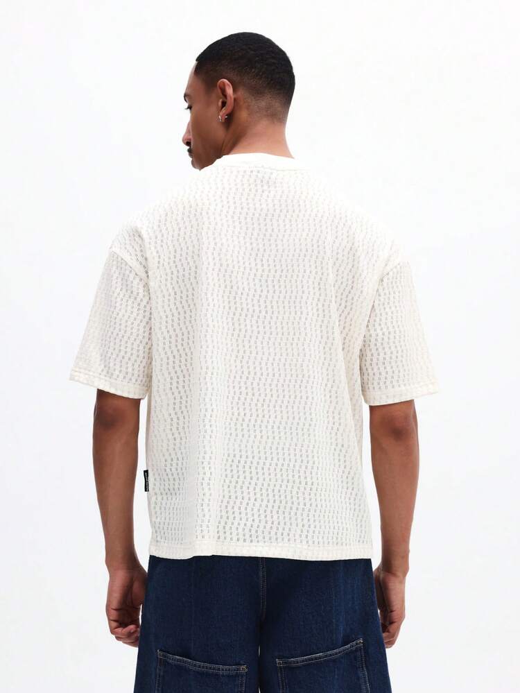 White Textured Mesh Crew Neck Tee