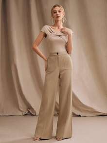 Anewsta 新款时尚休闲通勤多功能口袋喇叭裤脚优雅女士西装裤 - 卡其色 - 查看 7