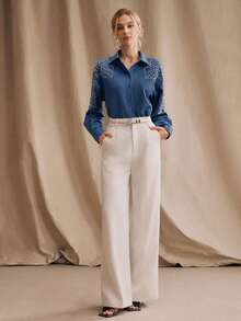Anewsta Spring/Summer New Arrival Modern Fashion Embellished Rhinestone & Pearl Decor Women Elegant Blouse Rhinestone Shirt - Blue - View 6