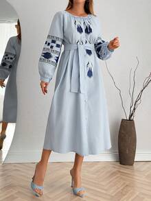Women's Bohemian Style Casual Embroidered Tie Collar Long Sleeve Off-Shoulder Ruffle Hem Dress - Blue - View 4