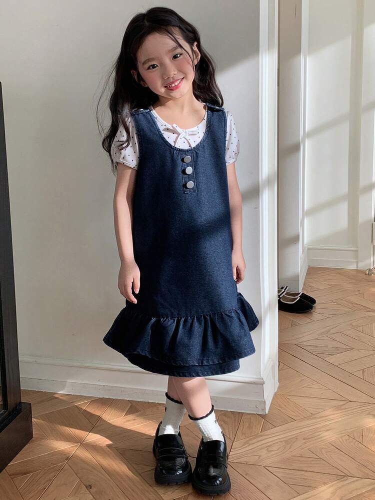 Young Girl Ruffle Trim Casual Vacation Everyday Denim Dress