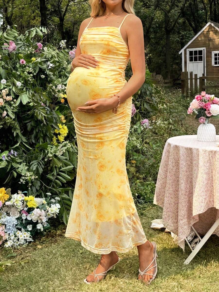 SHEIN Maternity Minimalist Mesh Floral Print Slip Dress - Yellow - View 1