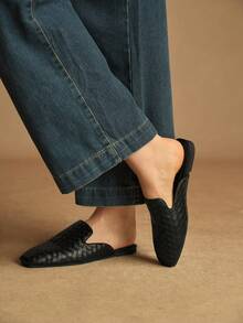 Rosivie Zapatos planos de mujer con punta cuadrada y fácil de poner, de estilo tejido y versátil - Negro - Ver 4