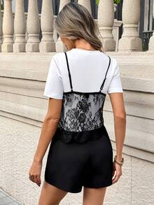 Pariaura 女士性感蕾丝T恤露脐上衣 - 白色短袖圆领T恤，黑色花卉薄纱蕾丝吊带背心，修身休闲派对上衣 - 黑與白 - 查看 2