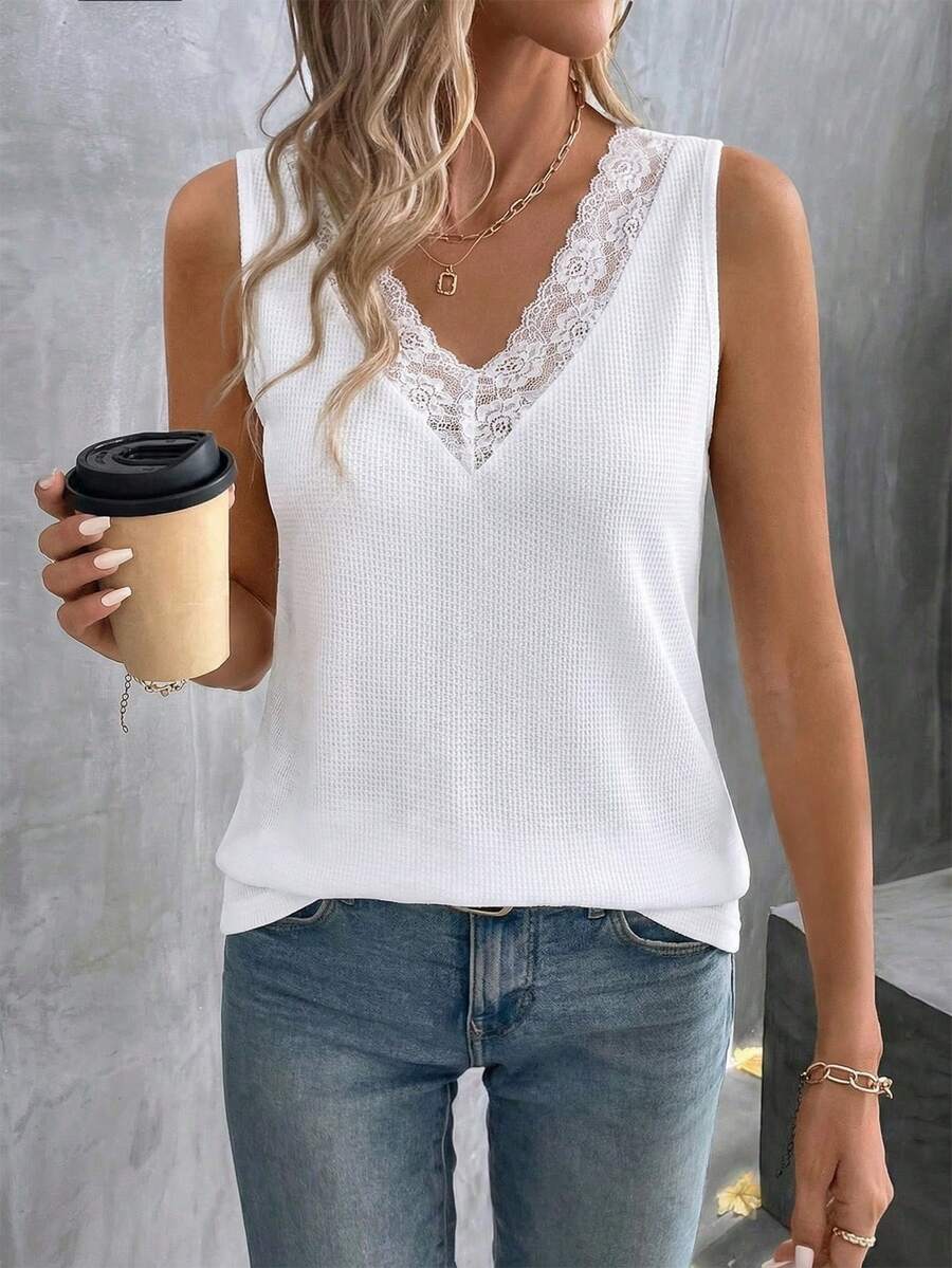 LUMIGAL Women's V-Neck Lace Patchwork Casual Versatile Daily Wear Top - White - View 1