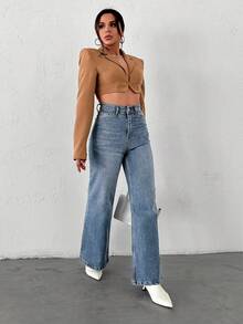 Petite 100% Cotton High Waist Casual Wideleg Jean - Light Wash - View 5