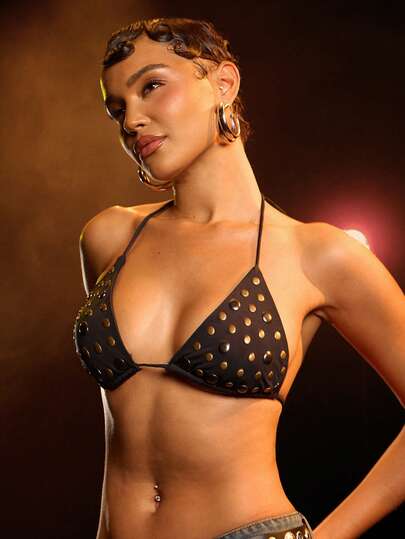 Hauture Women's Rivet Design Cropped Halter Top