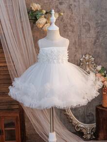 Glamorique Kids Baby Girls' Multilayer Tulle Flower Girl Wedding Dress, 3D White Flower Puffy Princess Soft Cute Party Dress - White - View 4