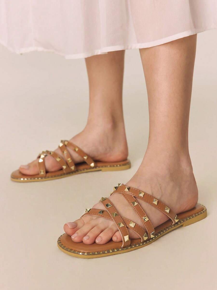 Styleloop Flat Bottom One-Word Slippers Summer New Fashion Versatile Flat Bottom Willow Nail Women's Shoes Beach Vacation Leisure Series Women's Models, Bohemian Style, Travel Must-Have, Summer Wear, Vacation Atmosphere - Brown - View 1