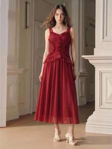 Anewsta Women's Elegant Vacation Dress, Sleeveless Pleated Frill Trim Waist Fit And Flare Red Dress French Style Dress Red Ruffle Dress - Red - View 4