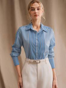 Anewsta Women's Elegant Shirt, Minimalist Commuter Long Sleeve Striped Collared Blouse Blue And White Shirt Stripe Shirt Blue Striped Shirt - Blue - View 6