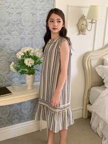 DAZY 女童条纹无袖圆领连衣裙，秋季穿搭 - 藍色 - 查看 5