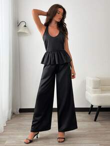 EURMUSE Women's Black Satin Two Pieces Set – Halter Peplum Top & Wide-Leg Pants - Black - View 3