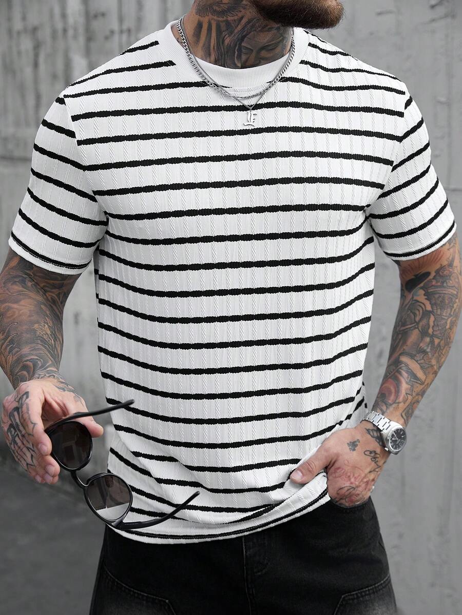 Manfinity CasualCool 男士条纹圆领休闲百搭日常短袖T恤 - 彩色 - 查看 1