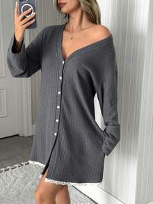 SHEIN Women Cotton Rib Knit With Cıntrasy Colourlace Detail Button Front Detail Long Sleeve Long Comfort Homewear Lounge Robe - Grey - View 3