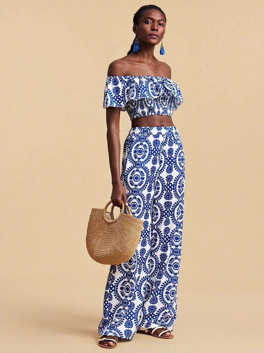 Travachic Women's Vacation Casual All-Over Print Off-Shoulder Ruffle Hem Crop Top And Long Pants 2-Piece Set - Multicolor - View 1